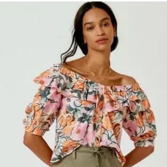 Anthropologie X Cecilia Patterson Pink Floral print Ruffle blouse size XL - Picture 1 of 9